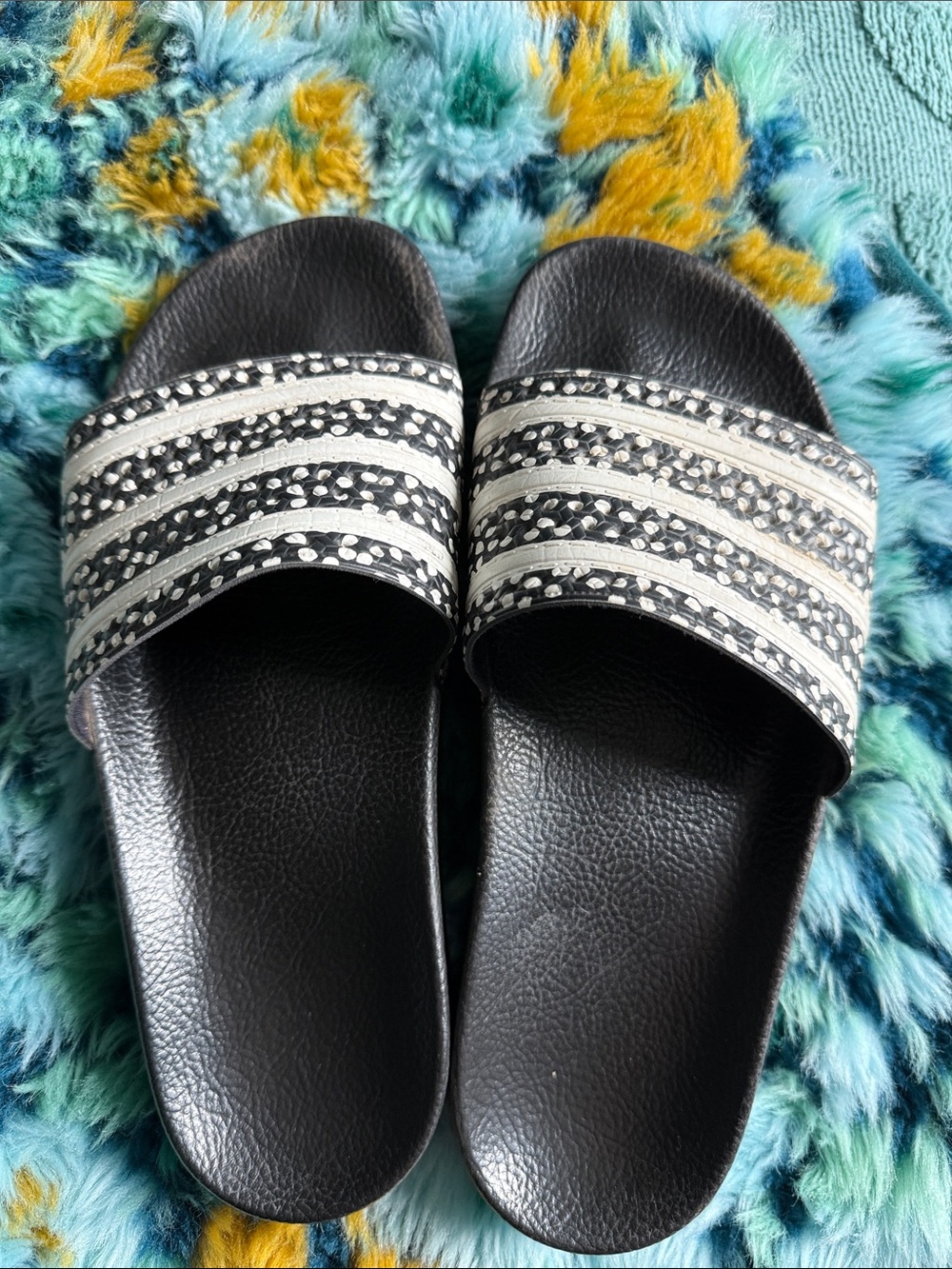 adidas Black Slide Sandals with White Striped Accents
